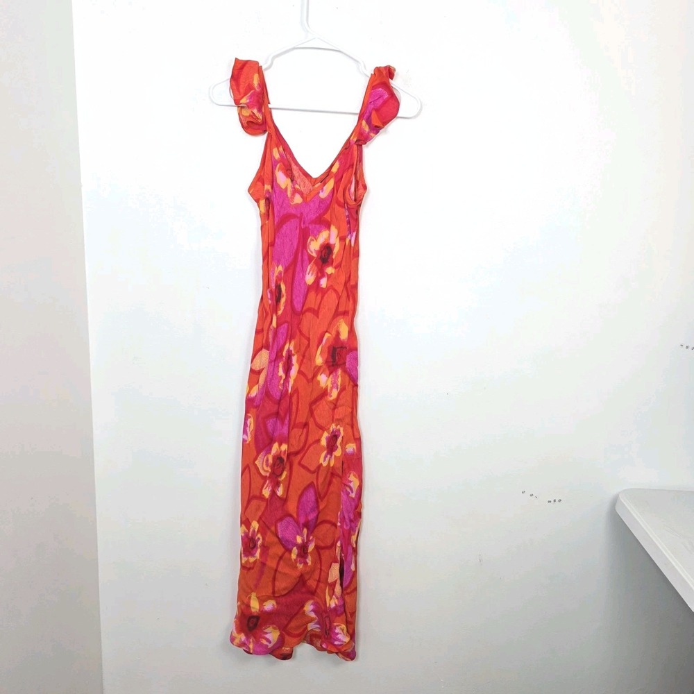 Boutique Europa Orange Pink Floral Summer Vacation Fitted Long Dress Size S